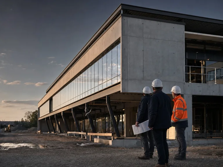 Professionnels devant un bâtiment industriel contemporain